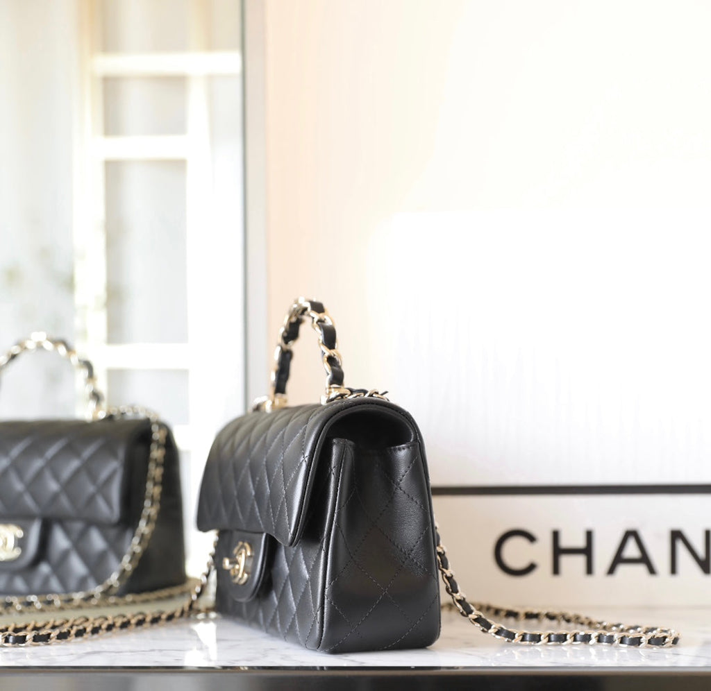 CHANEL FLAP BAG 23 BLACK LAMBSKIN GOLD HARDWARE TOPHAND