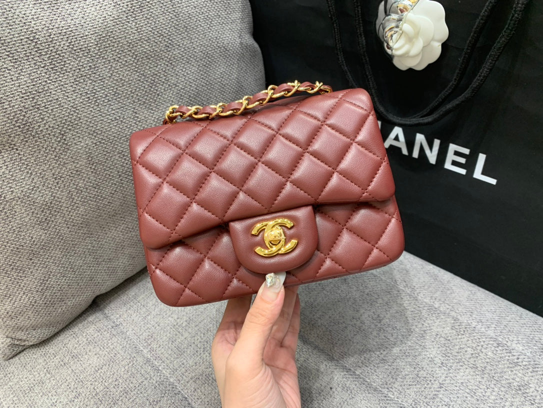 CHANEL MINI SQUARE FLAP BAG 17CM BURGUNDY LAMBSKIN GOLD HARDWARE