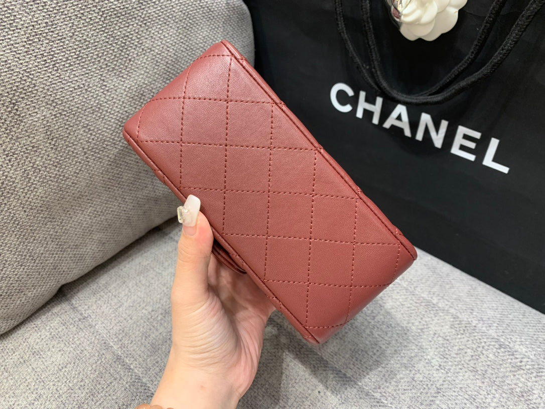 CHANEL MINI SQUARE FLAP BAG 17CM BURGUNDY LAMBSKIN GOLD HARDWARE