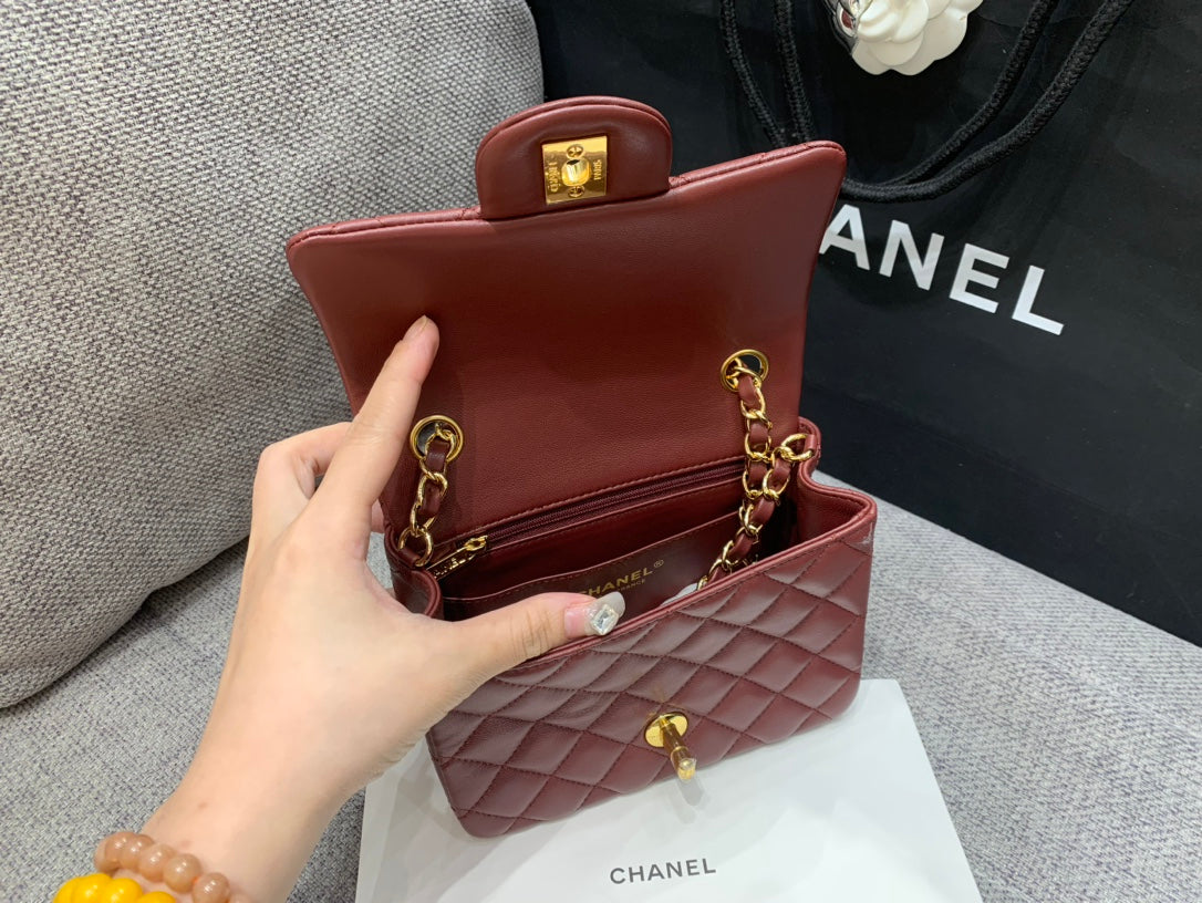 CHANEL MINI SQUARE FLAP BAG 17CM BURGUNDY LAMBSKIN GOLD HARDWARE