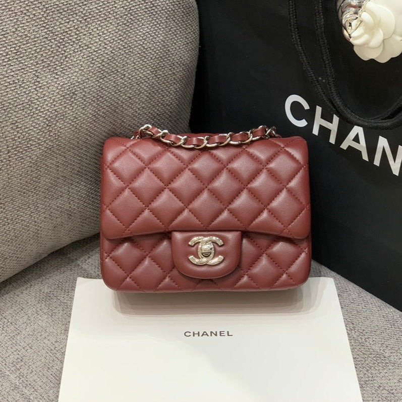 CHANEL MINI SQUARE FLAP BAG 17CM BURGUNDY LAMBSKIN SILVER HARDWARE