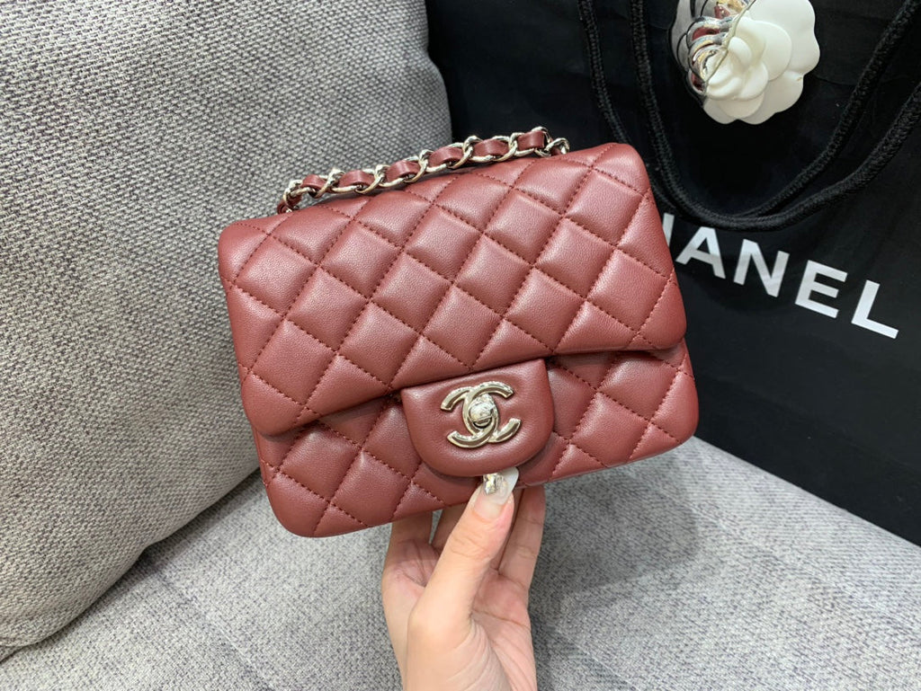 CHANEL MINI SQUARE FLAP BAG 17CM BURGUNDY LAMBSKIN SILVER HARDWARE