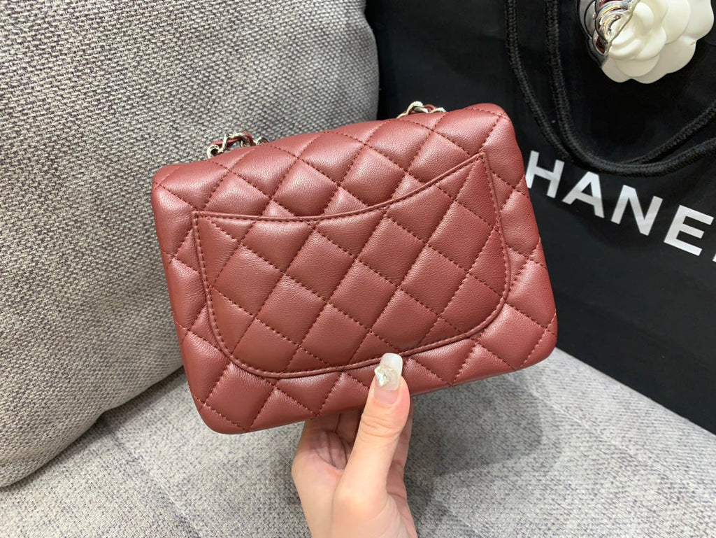 CHANEL MINI SQUARE FLAP BAG 17CM BURGUNDY LAMBSKIN SILVER HARDWARE