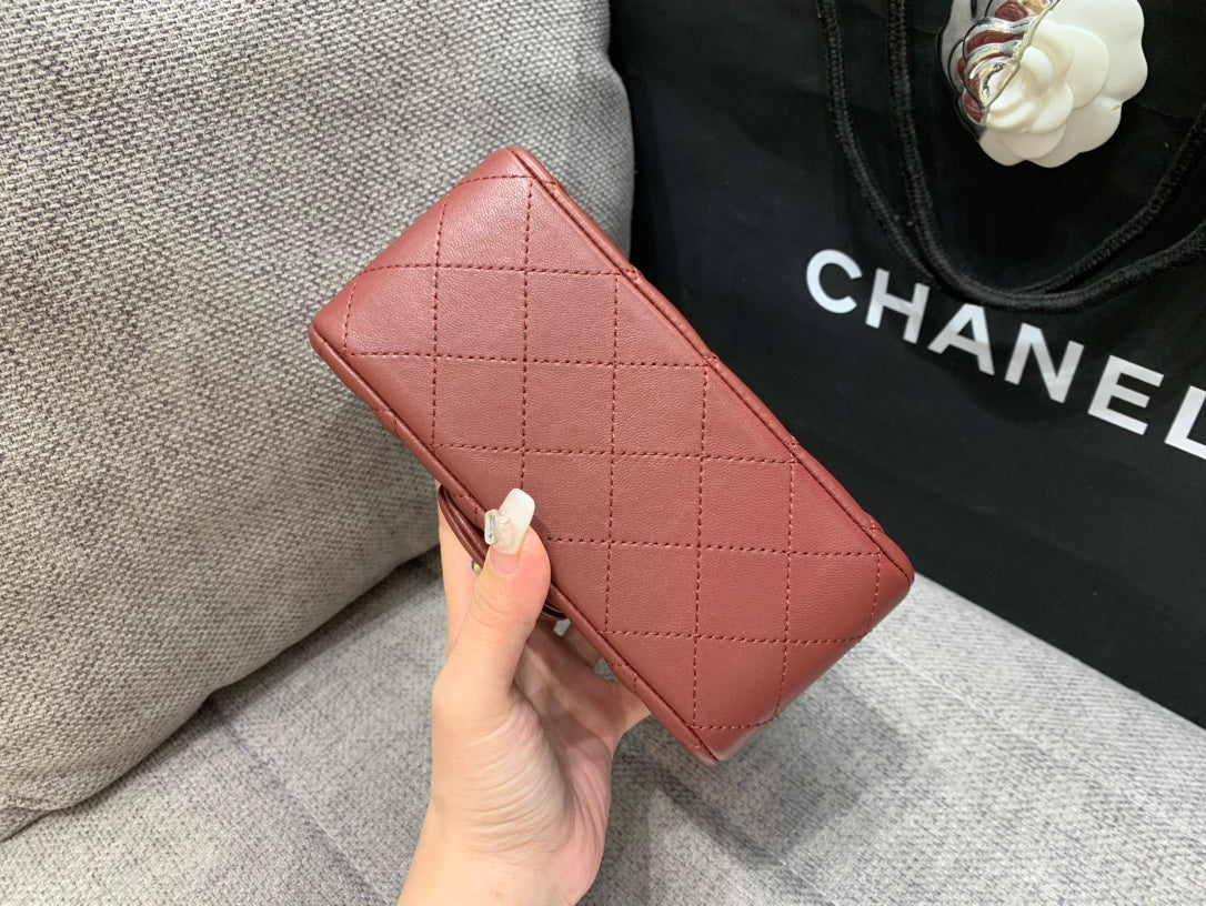 CHANEL MINI SQUARE FLAP BAG 17CM BURGUNDY LAMBSKIN SILVER HARDWARE