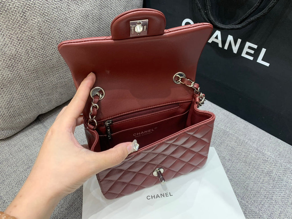 CHANEL MINI SQUARE FLAP BAG 17CM BURGUNDY LAMBSKIN SILVER HARDWARE