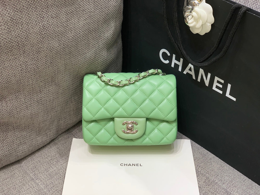 CHANEL MINI SQUARE FLAP BAG 17CM LIGHT GREEN LAMBSKIN SILVER HARDWARE