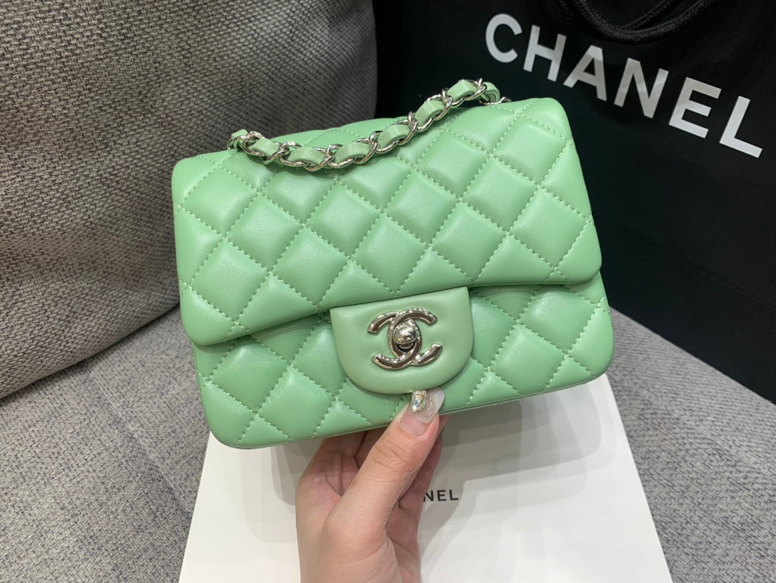 CHANEL MINI SQUARE FLAP BAG 17CM LIGHT GREEN LAMBSKIN SILVER HARDWARE