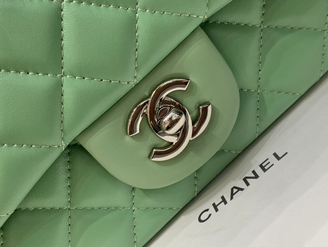 CHANEL MINI SQUARE FLAP BAG 17CM LIGHT GREEN LAMBSKIN SILVER HARDWARE