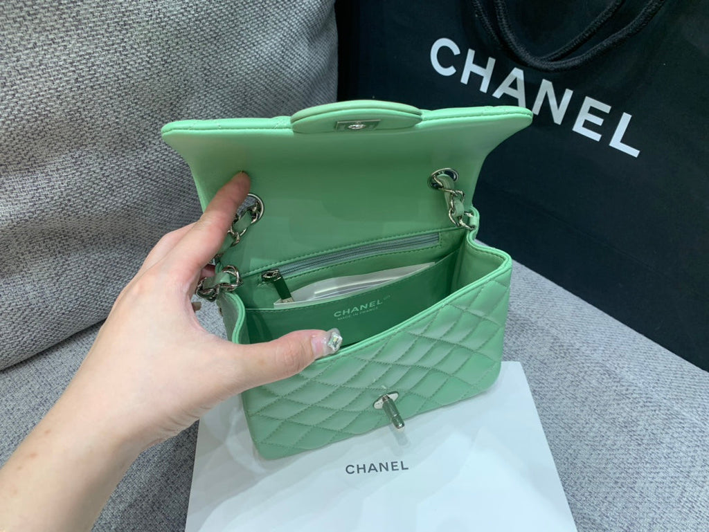 CHANEL MINI SQUARE FLAP BAG 17CM LIGHT GREEN LAMBSKIN SILVER HARDWARE