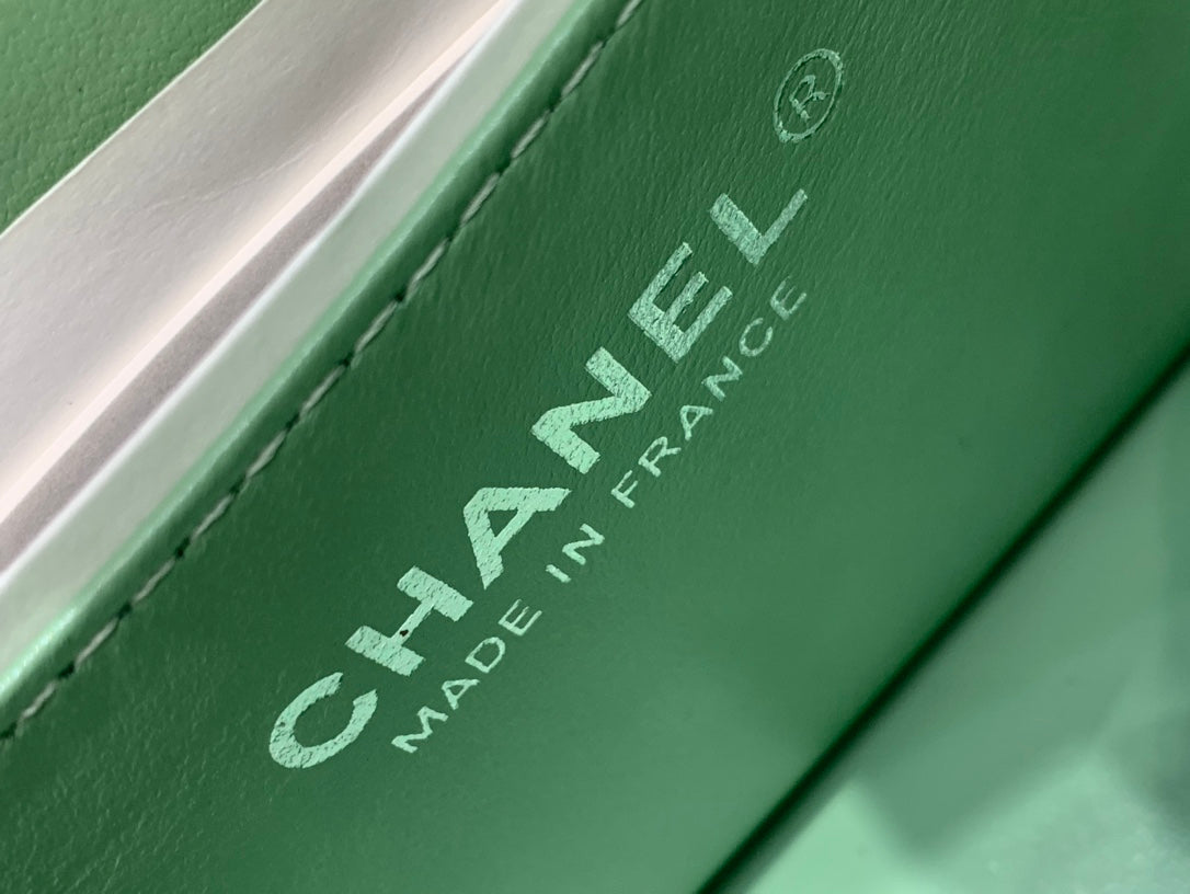 CHANEL MINI SQUARE FLAP BAG 17CM LIGHT GREEN LAMBSKIN SILVER HARDWARE