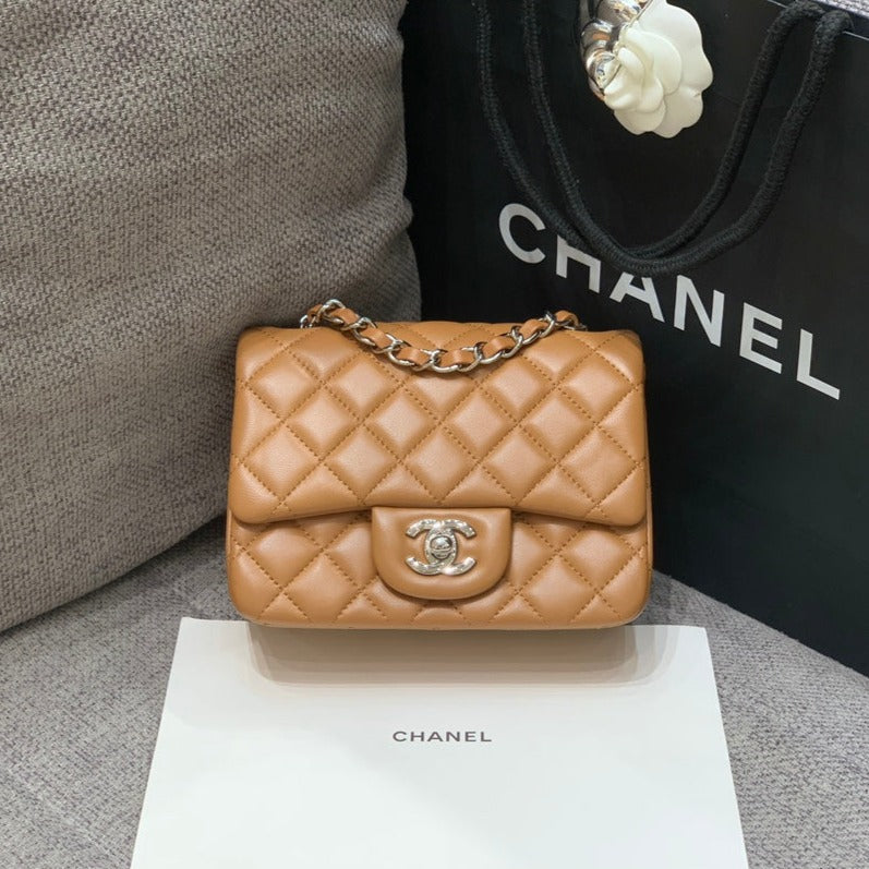 CHANEL MINI SQUARE FLAP BAG 17CM BROWN LAMBSKIN SILVER HARDWARE