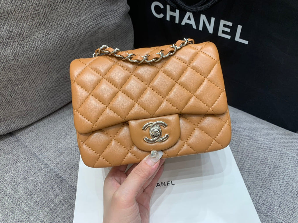 CHANEL MINI SQUARE FLAP BAG 17CM BROWN LAMBSKIN SILVER HARDWARE