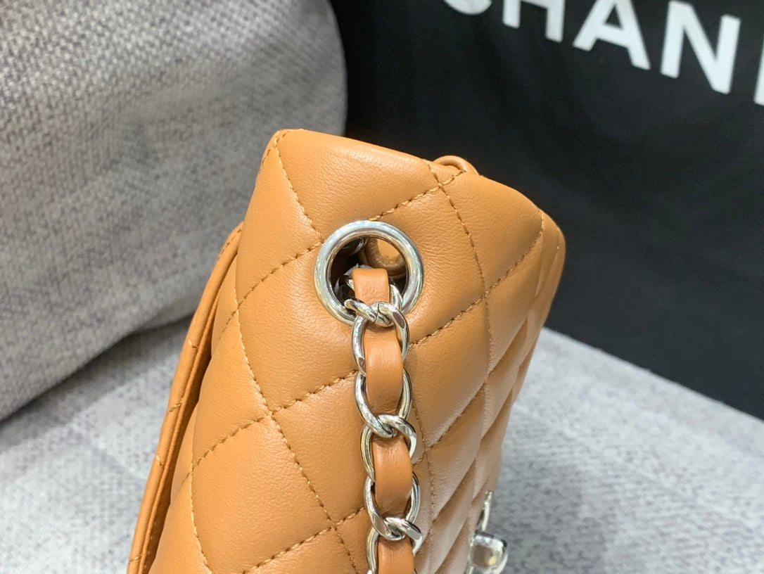 CHANEL MINI SQUARE FLAP BAG 17CM BROWN LAMBSKIN SILVER HARDWARE