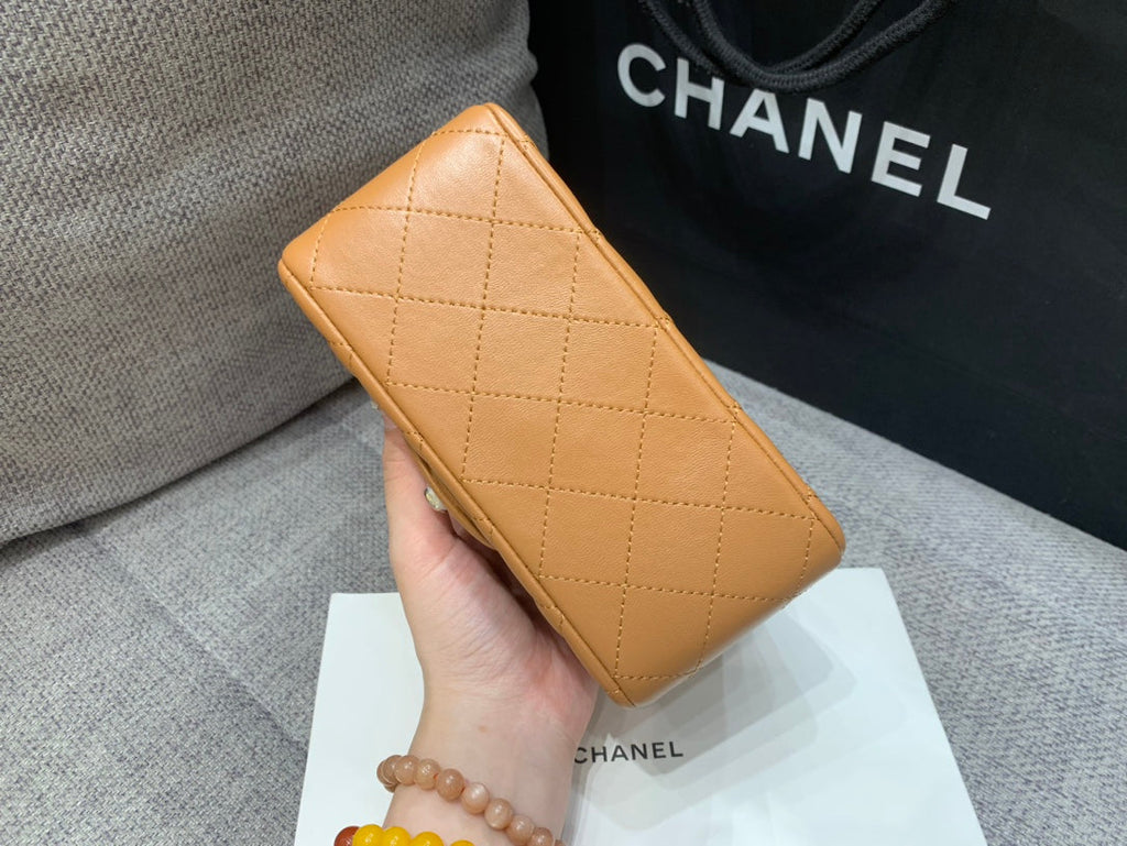 CHANEL MINI SQUARE FLAP BAG 17CM BROWN LAMBSKIN SILVER HARDWARE