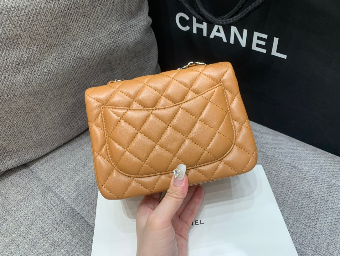 CHANEL MINI SQUARE FLAP BAG 17CM BROWN LAMBSKIN SILVER HARDWARE