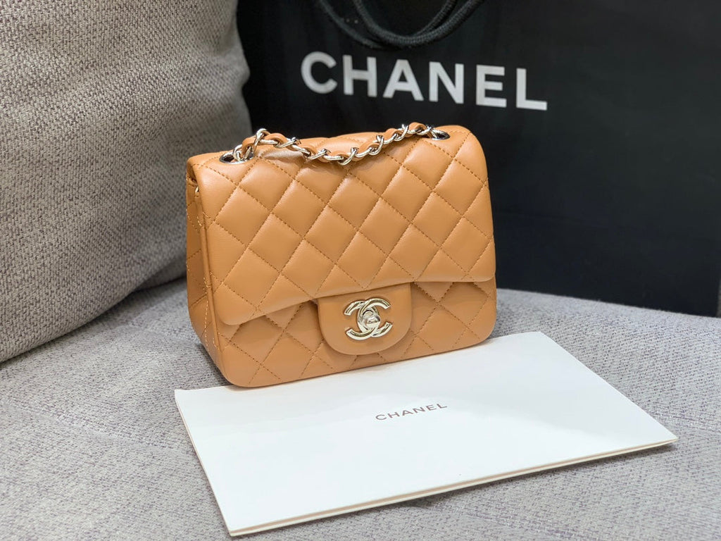 CHANEL MINI SQUARE FLAP BAG 17CM BROWN LAMBSKIN SILVER HARDWARE