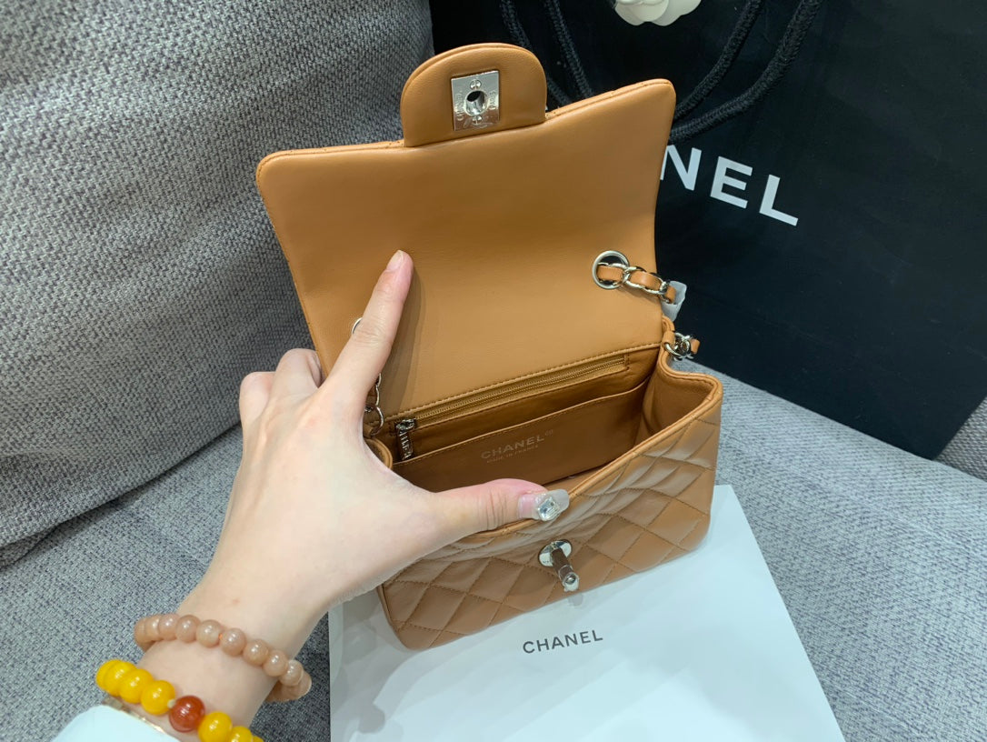CHANEL MINI SQUARE FLAP BAG 17CM BROWN LAMBSKIN SILVER HARDWARE