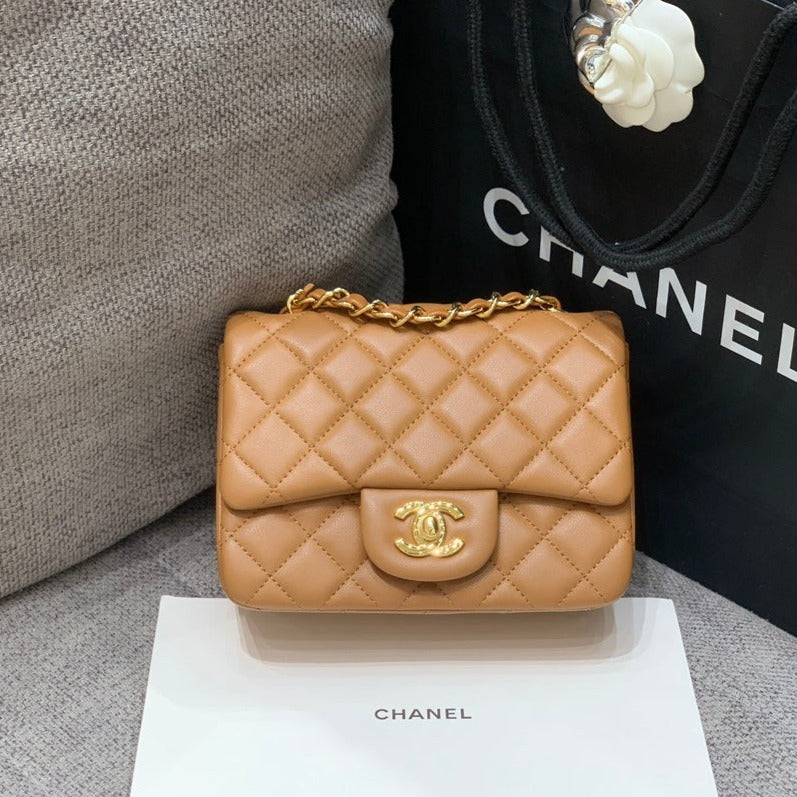 CHANEL MINI SQUARE FLAP BAG 17CM BROWN LAMBSKIN GOLD HARDWARE