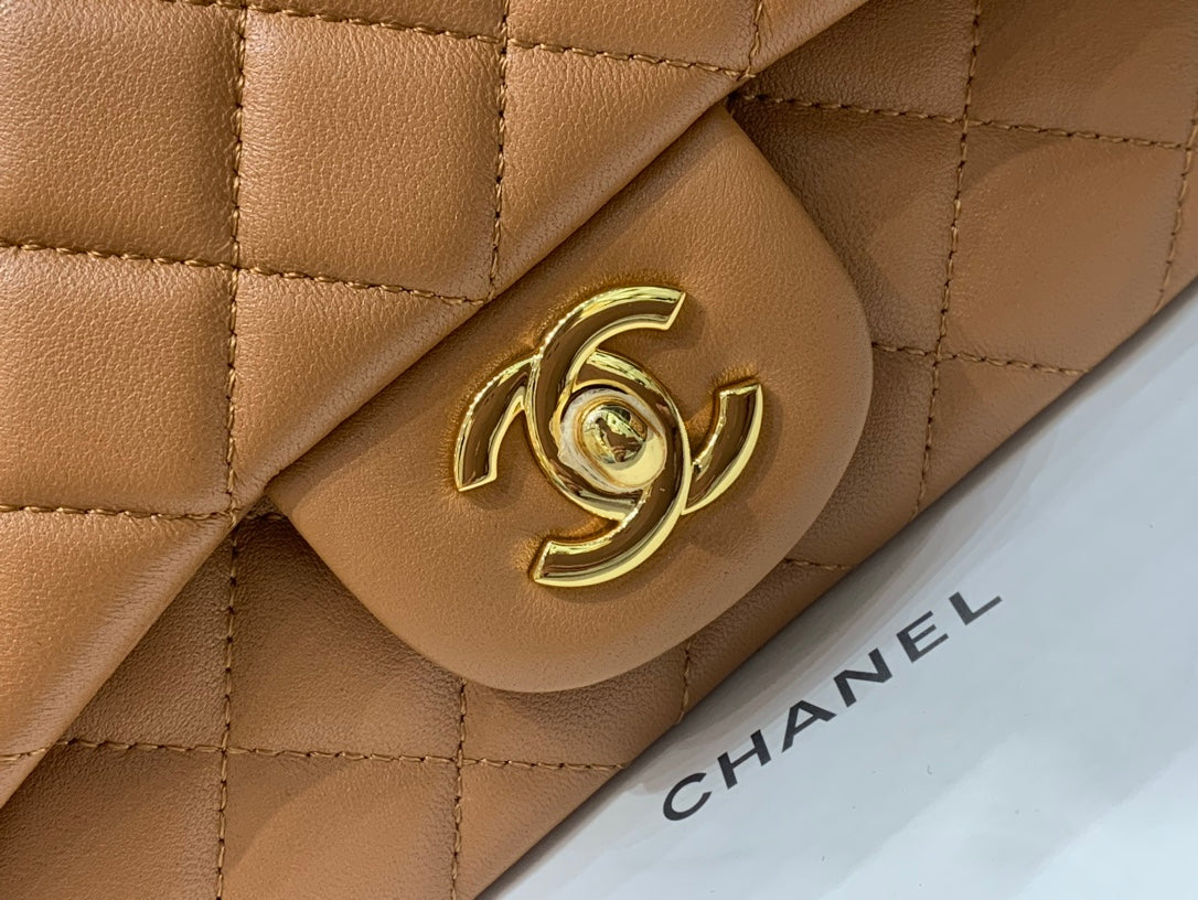 CHANEL MINI SQUARE FLAP BAG 17CM BROWN LAMBSKIN GOLD HARDWARE
