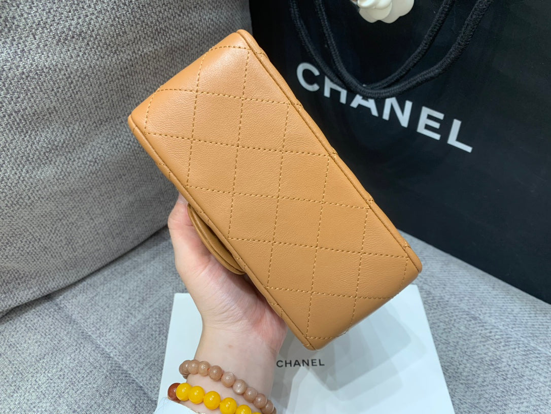CHANEL MINI SQUARE FLAP BAG 17CM BROWN LAMBSKIN GOLD HARDWARE