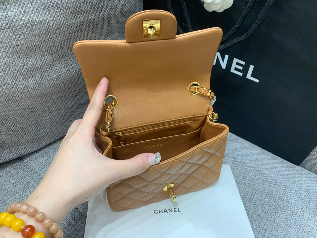 CHANEL MINI SQUARE FLAP BAG 17CM BROWN LAMBSKIN GOLD HARDWARE