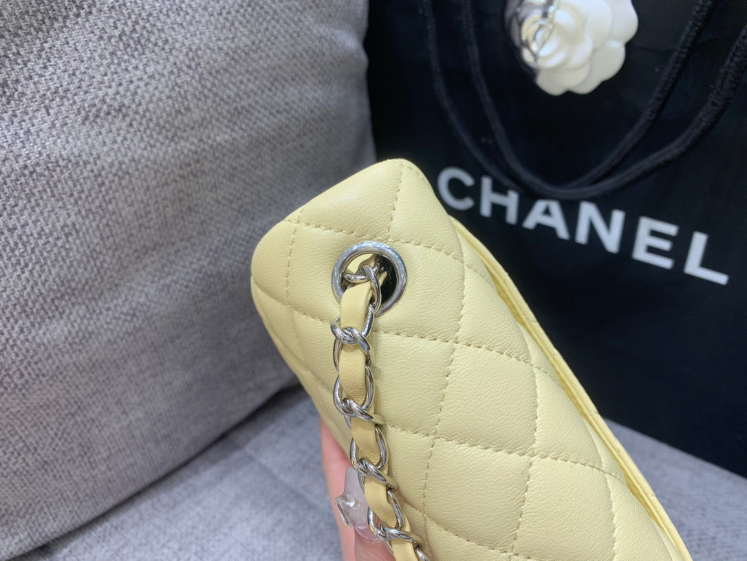CHANEL MINI SQUARE FLAP BAG 17CM YELLOW LAMBSKIN SILVER HARDWARE