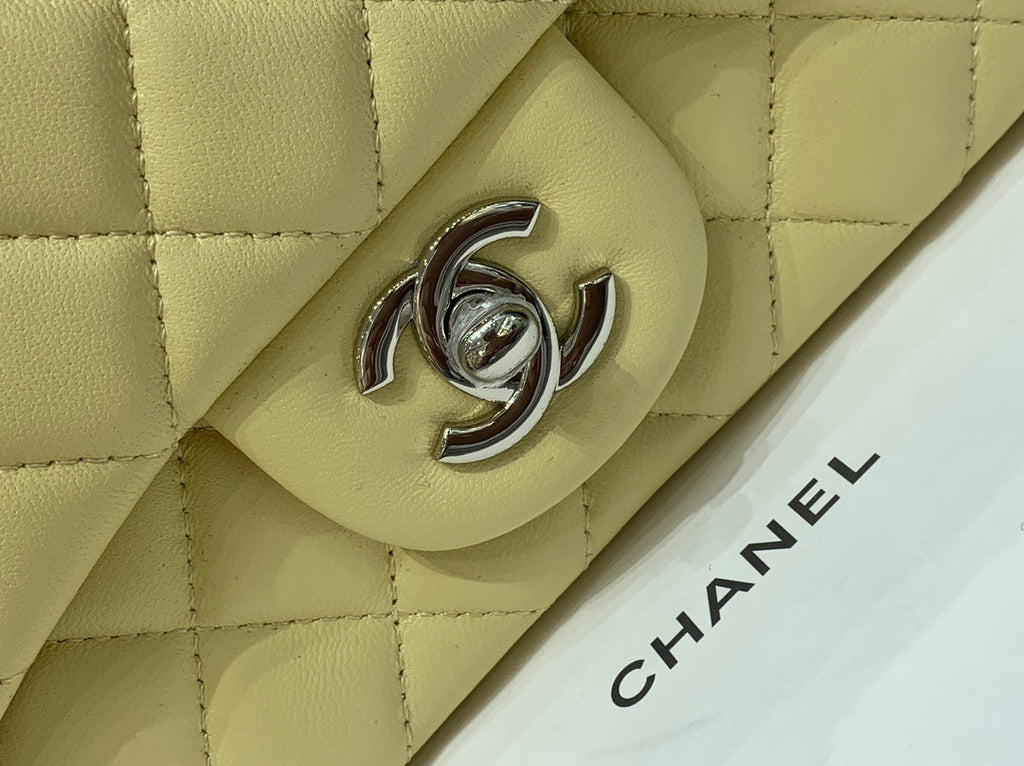 CHANEL MINI SQUARE FLAP BAG 17CM YELLOW LAMBSKIN SILVER HARDWARE