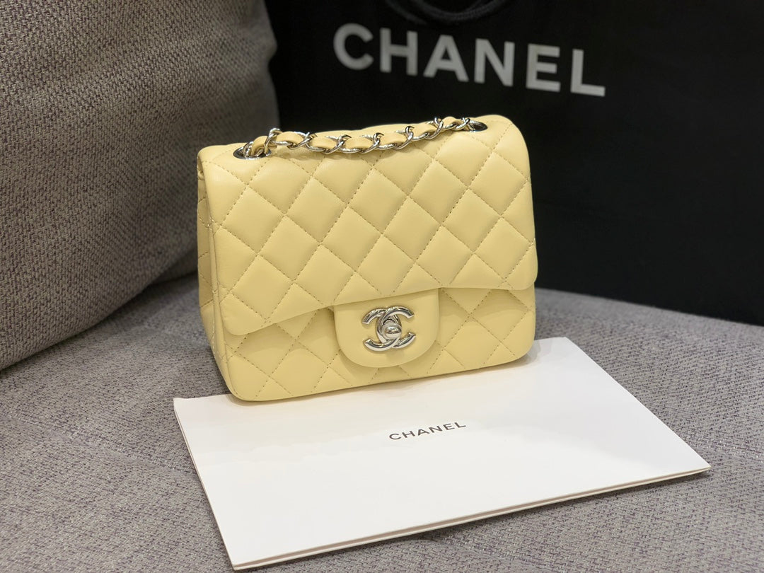 CHANEL MINI SQUARE FLAP BAG 17CM YELLOW LAMBSKIN SILVER HARDWARE