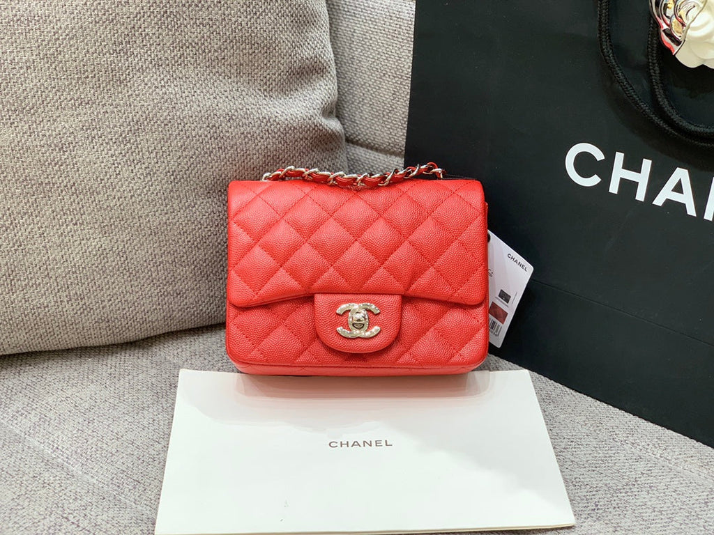 CHANEL MINI SQUARE FLAP BAG 17CM RED CAVIAR SILVER HARDWARE