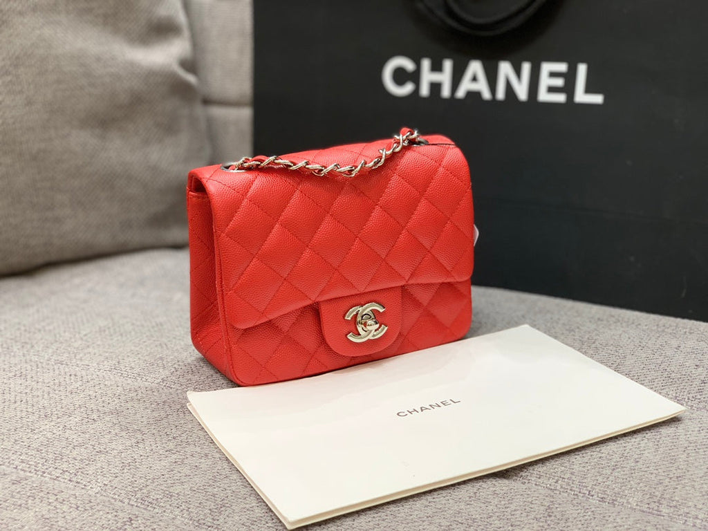 CHANEL MINI SQUARE FLAP BAG 17CM RED CAVIAR SILVER HARDWARE