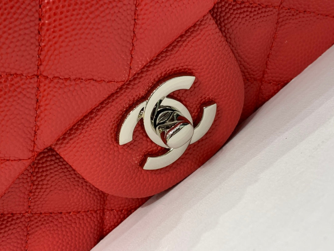 CHANEL MINI SQUARE FLAP BAG 17CM RED CAVIAR SILVER HARDWARE
