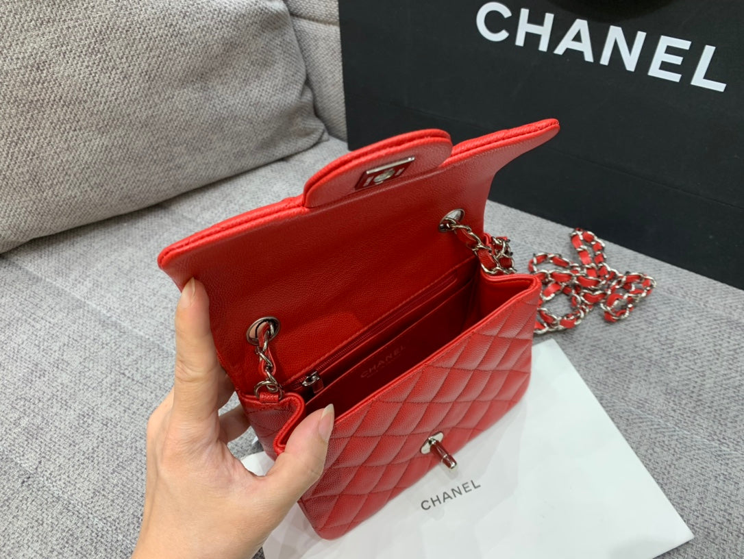 CHANEL MINI SQUARE FLAP BAG 17CM RED CAVIAR SILVER HARDWARE
