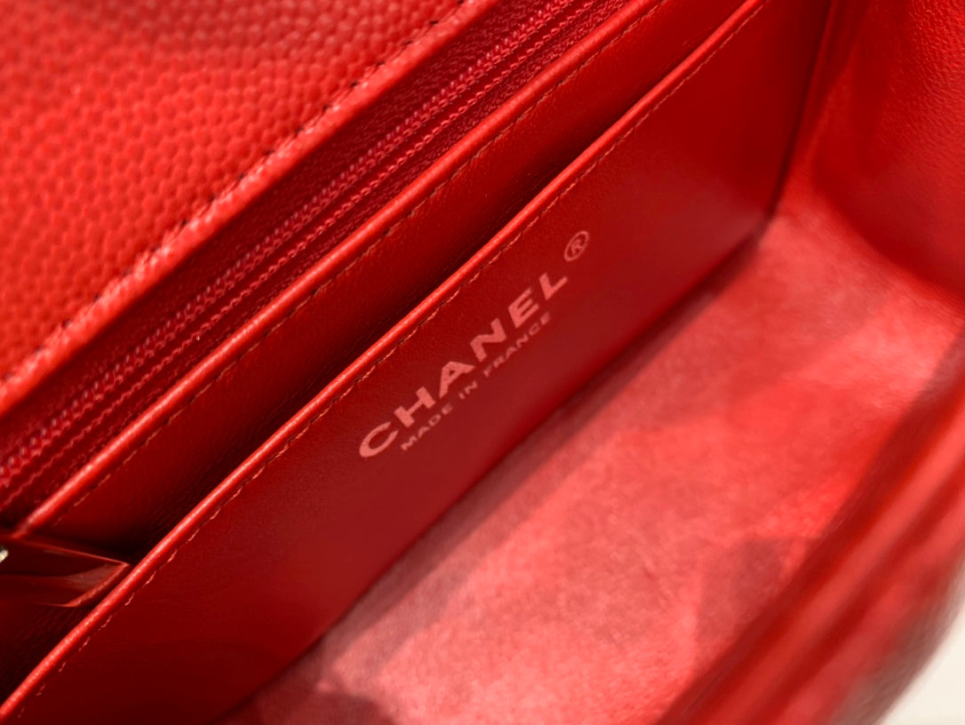 CHANEL MINI SQUARE FLAP BAG 17CM RED CAVIAR SILVER HARDWARE
