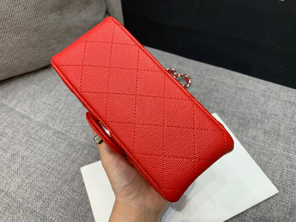 CHANEL MINI SQUARE FLAP BAG 17CM RED CAVIAR SILVER HARDWARE