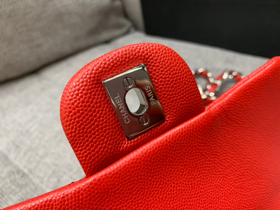 CHANEL MINI SQUARE FLAP BAG 17CM RED CAVIAR SILVER HARDWARE