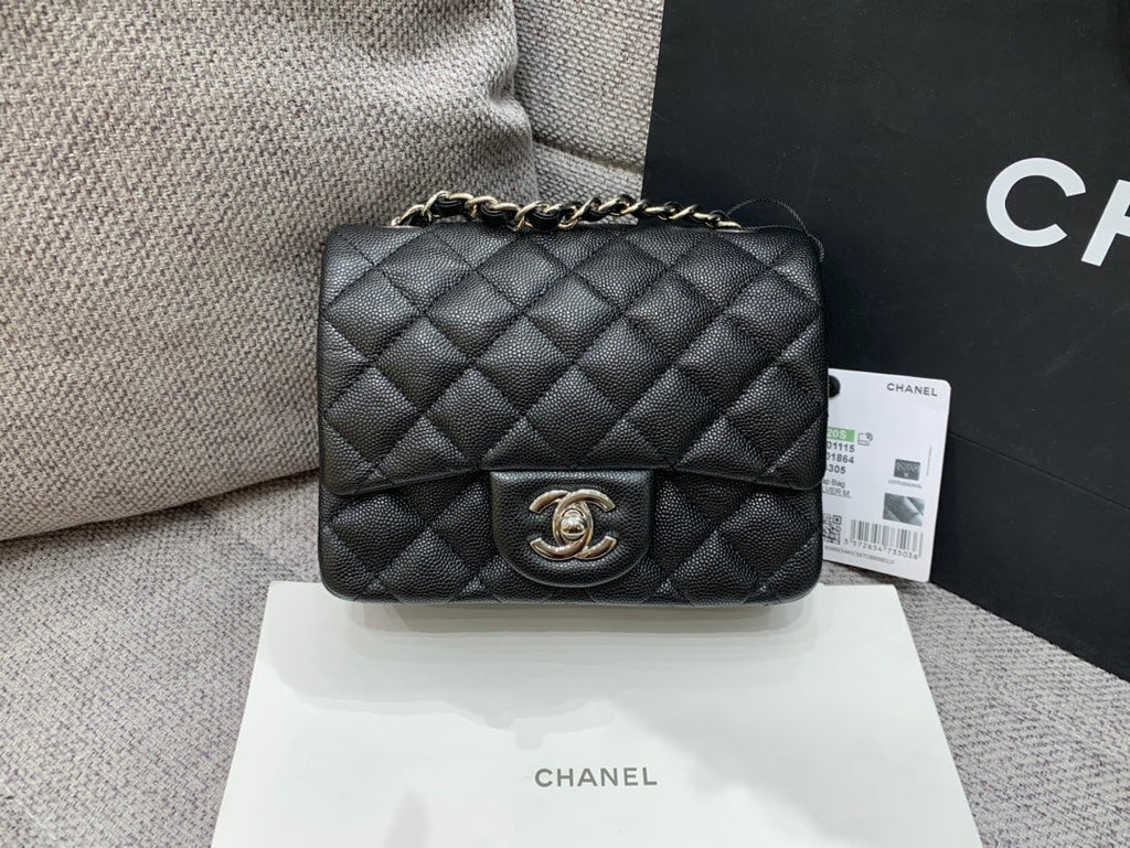 CHANEL MINI SQUARE FLAP BAG 17CM BLACK CAVIAR SILVER HARDWARE