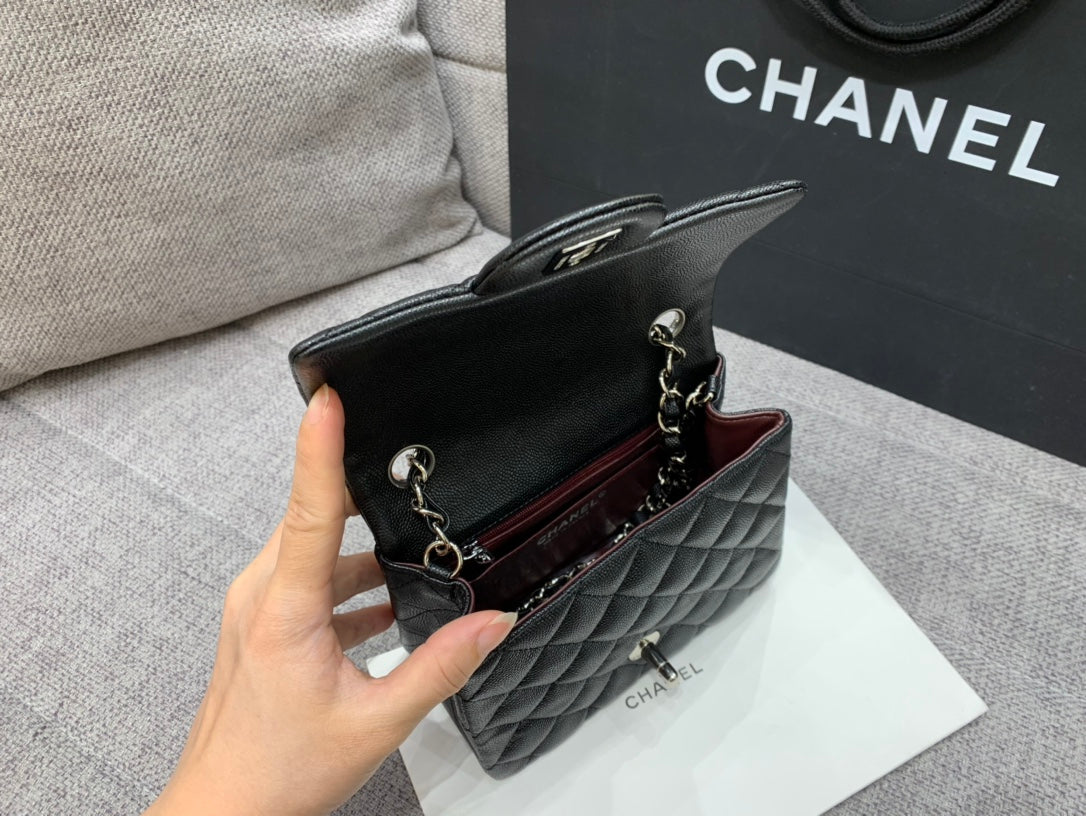 CHANEL MINI SQUARE FLAP BAG 17CM BLACK CAVIAR SILVER HARDWARE