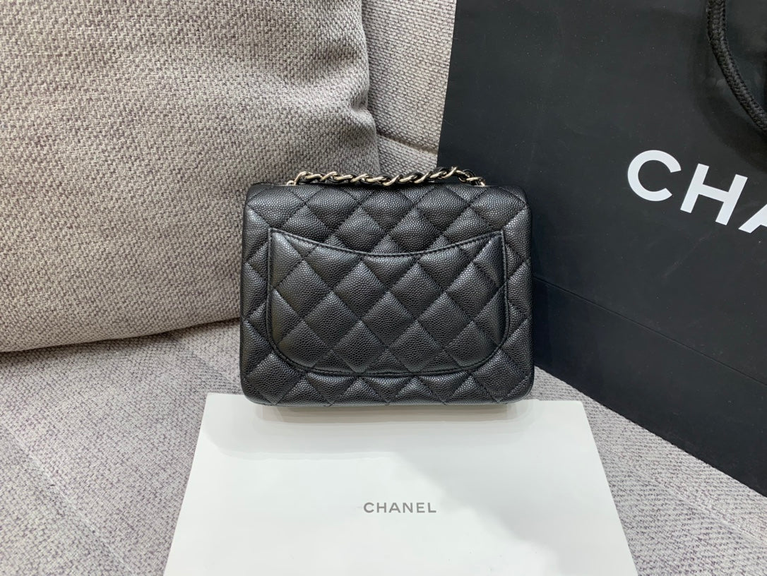 CHANEL MINI SQUARE FLAP BAG 17CM BLACK CAVIAR SILVER HARDWARE