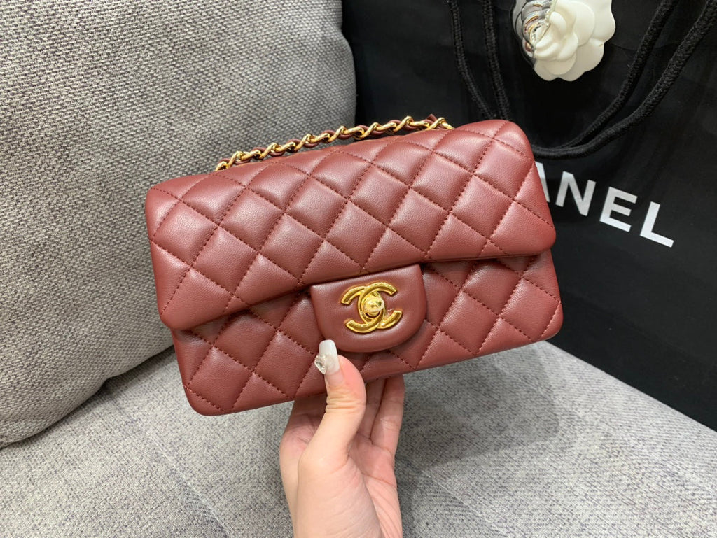 CHANEL MINI RECTANGLE FLAP BAG 20CM BURGUNDY LAMBSKIN GOLD HARDWARE