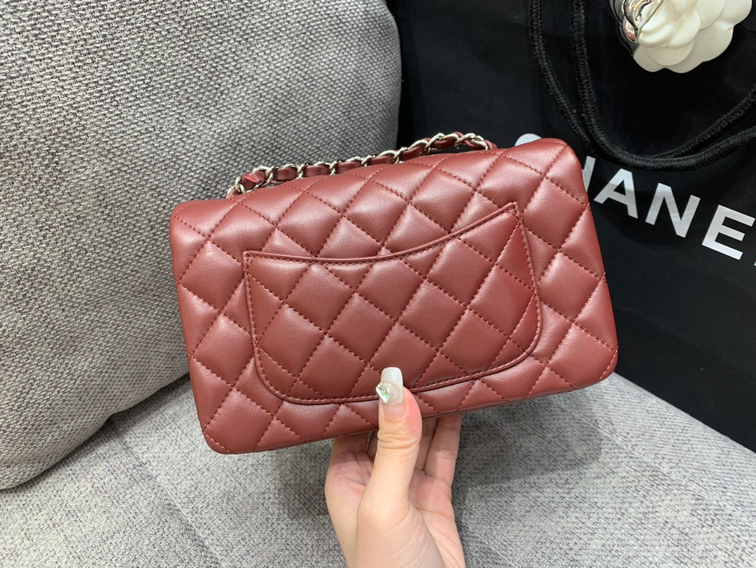 CHANEL MINI RECTANGLE FLAP BAG 20CM BURGUNDY LAMBSKIN SILVER HARDWARE