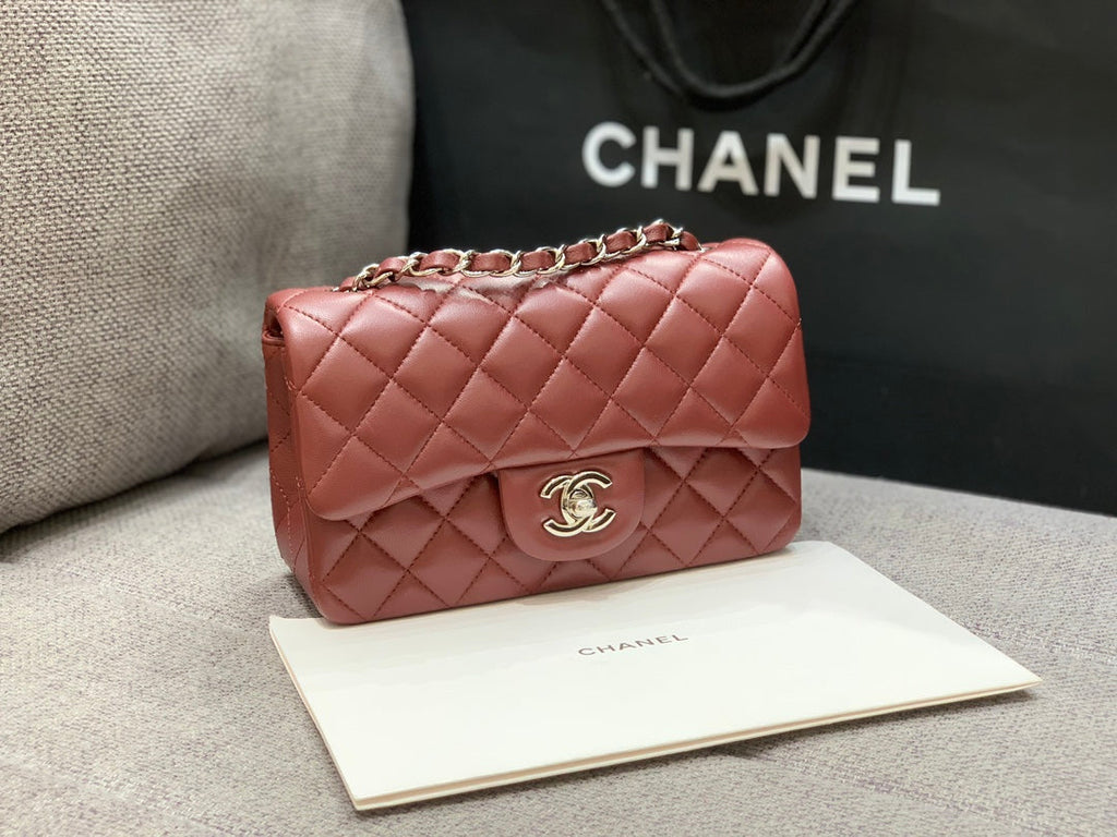 CHANEL MINI RECTANGLE FLAP BAG 20CM BURGUNDY LAMBSKIN SILVER HARDWARE