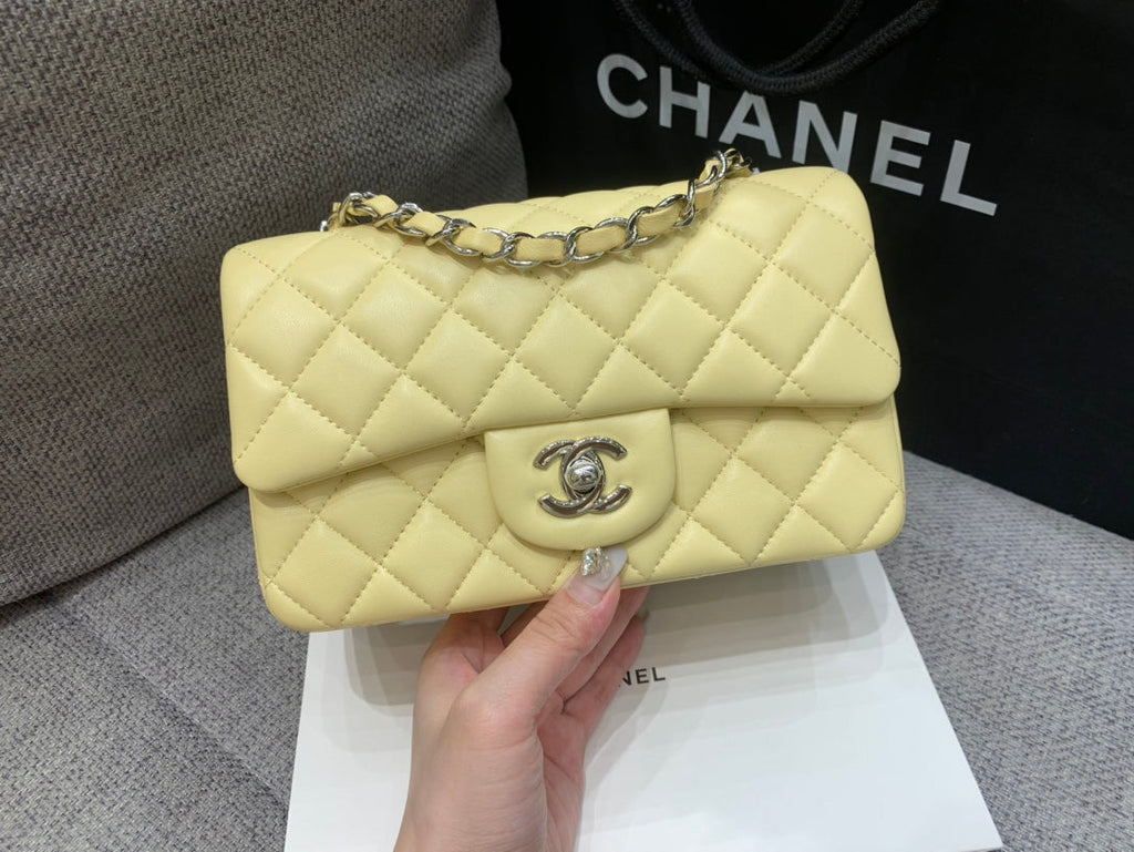 CHANEL MINI RECTANGLE FLAP BAG 20CM YELLOW LAMBSKIN SILVER HARDWARE