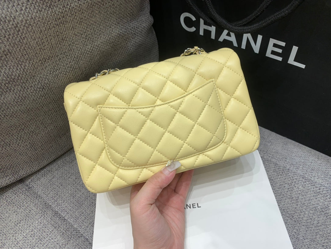 CHANEL MINI RECTANGLE FLAP BAG 20CM YELLOW LAMBSKIN SILVER HARDWARE