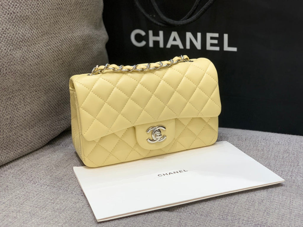 CHANEL MINI RECTANGLE FLAP BAG 20CM YELLOW LAMBSKIN SILVER HARDWARE