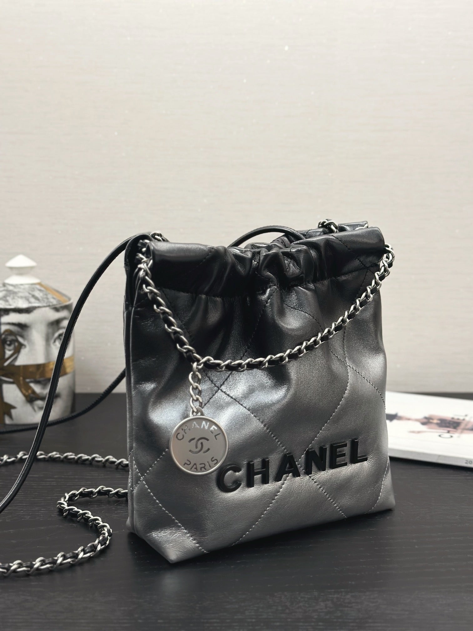 CHANEL HOBO MINI 20CM BLACK GREY LAMBSKIN SILVER HARDWARE