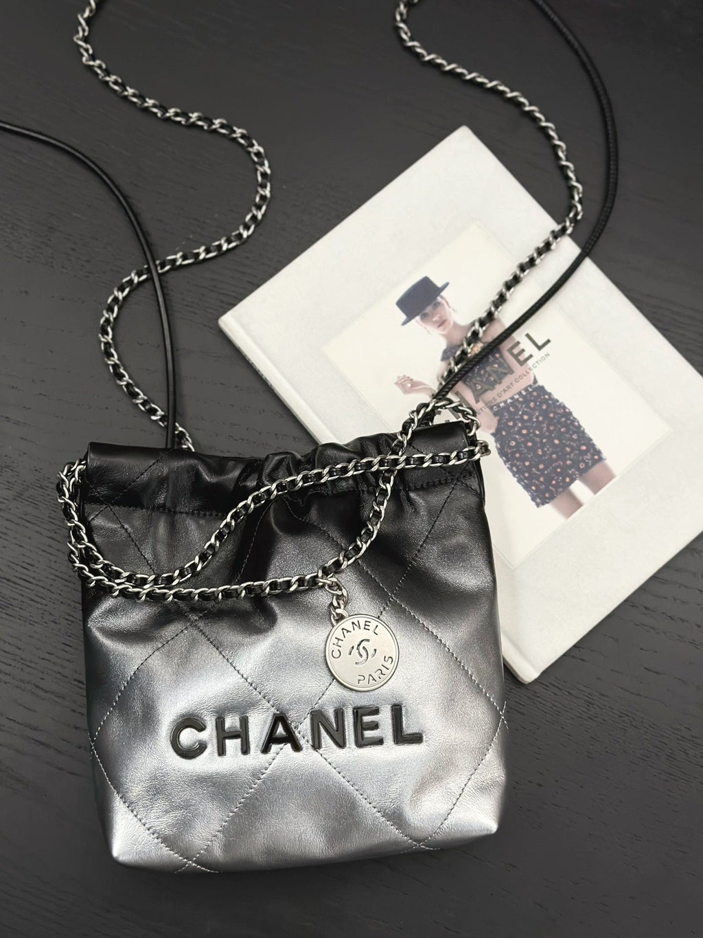 CHANEL HOBO MINI 20CM BLACK GREY LAMBSKIN SILVER HARDWARE