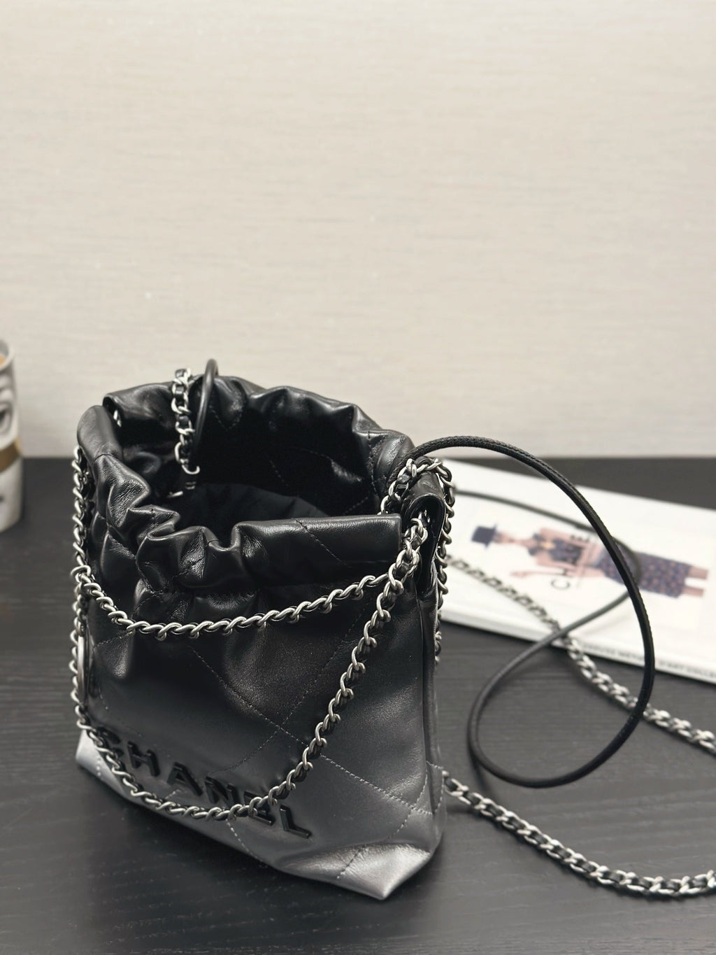 CHANEL HOBO MINI 20CM BLACK GREY LAMBSKIN SILVER HARDWARE
