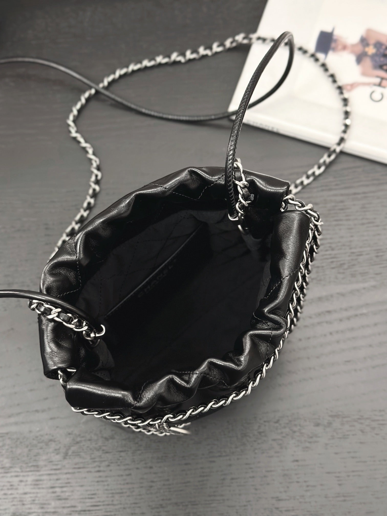 CHANEL HOBO MINI 20CM BLACK GREY LAMBSKIN SILVER HARDWARE