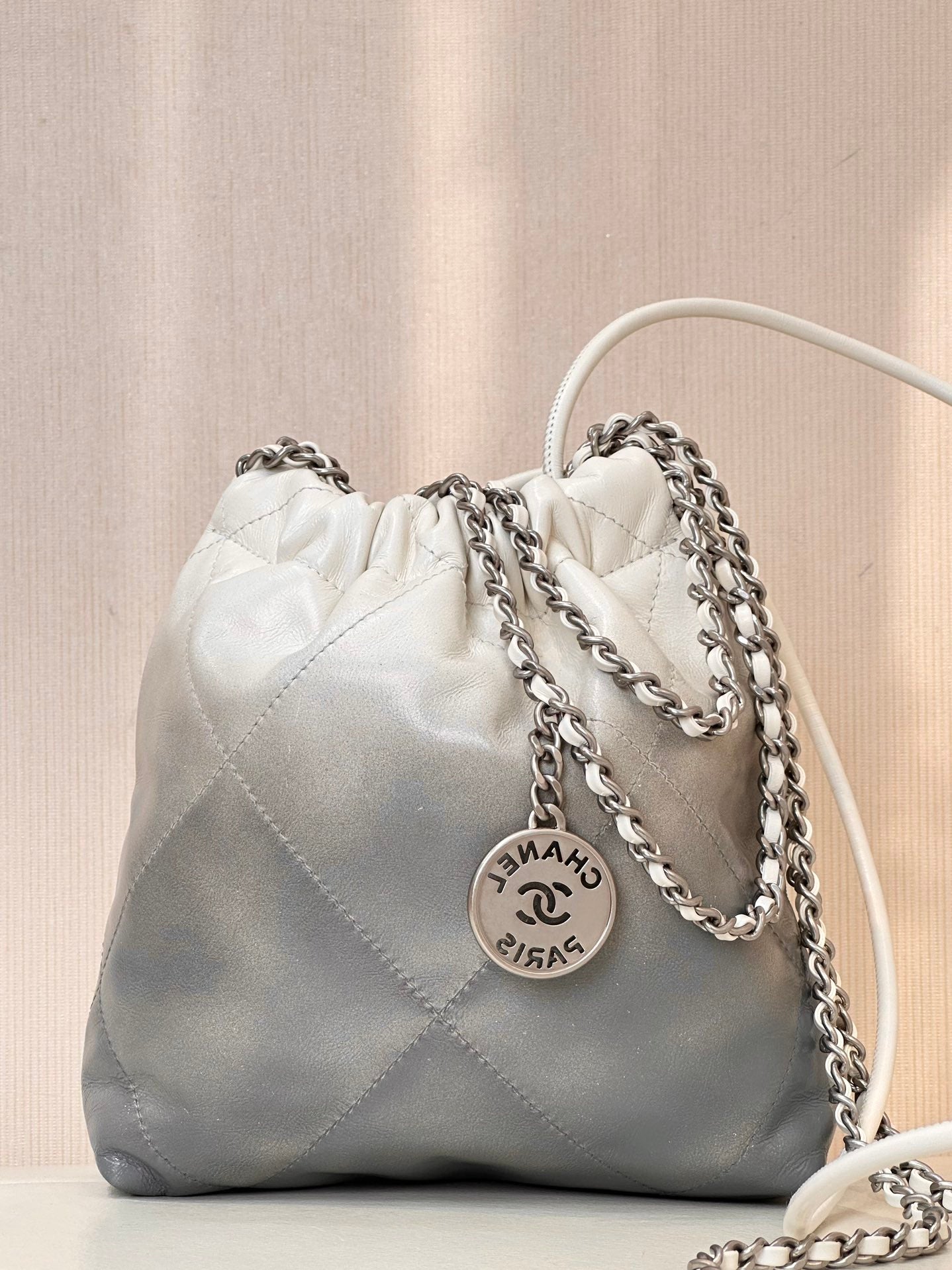 CHANEL HOBO MINI 20CM WHITE GREY LAMBSKIN SILVER HARDWARE