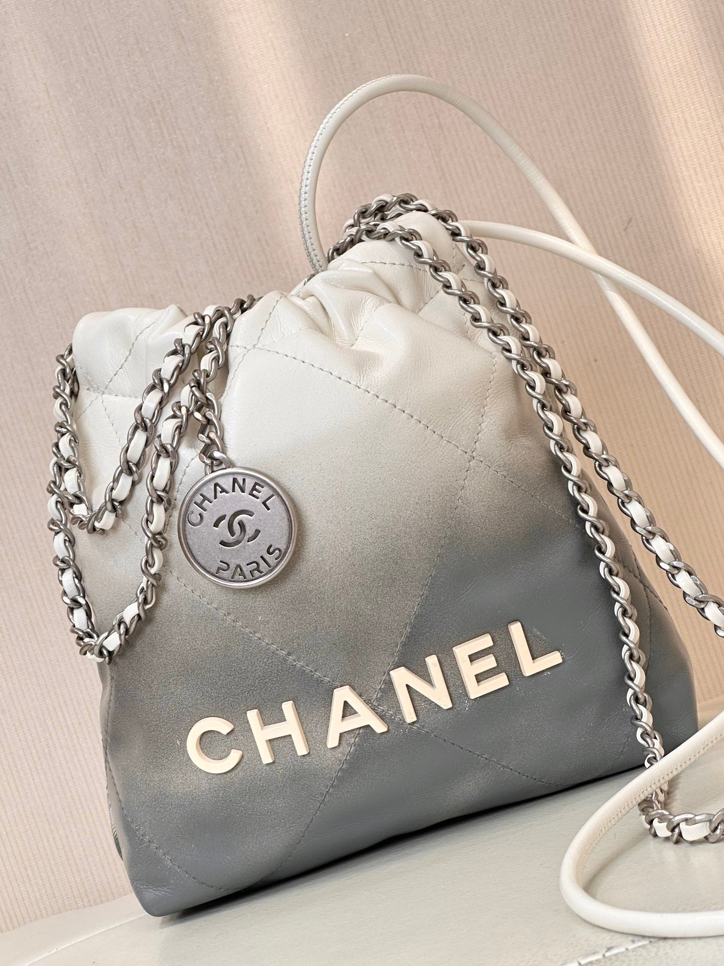CHANEL HOBO MINI 20CM WHITE GREY LAMBSKIN SILVER HARDWARE